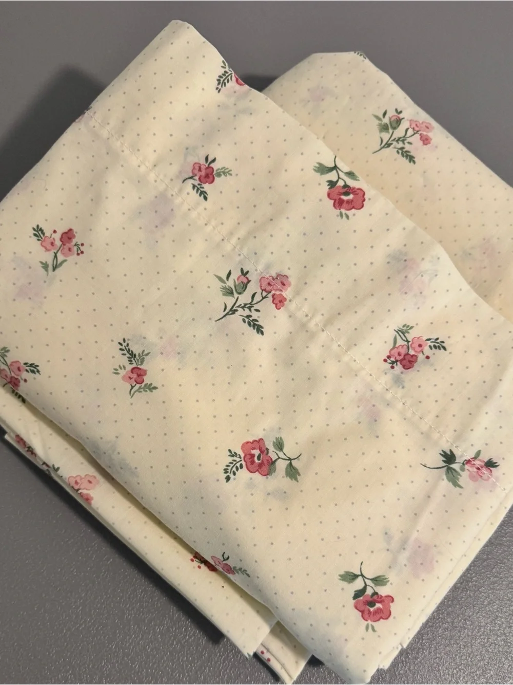 VTG JCPenney Pink Cream Polka Dot Floral Cotton Sheets Twin